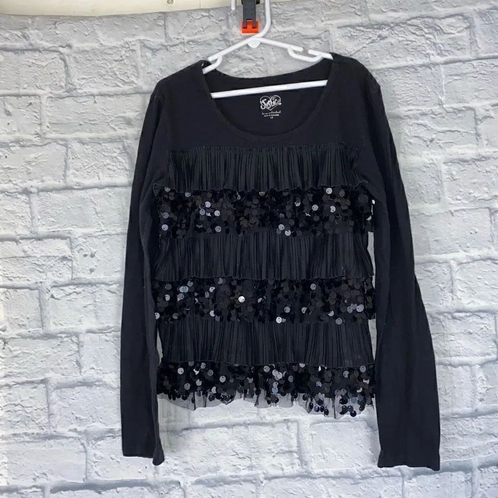 Justice youth girls 12 sequin ruffle Longsleeve top black